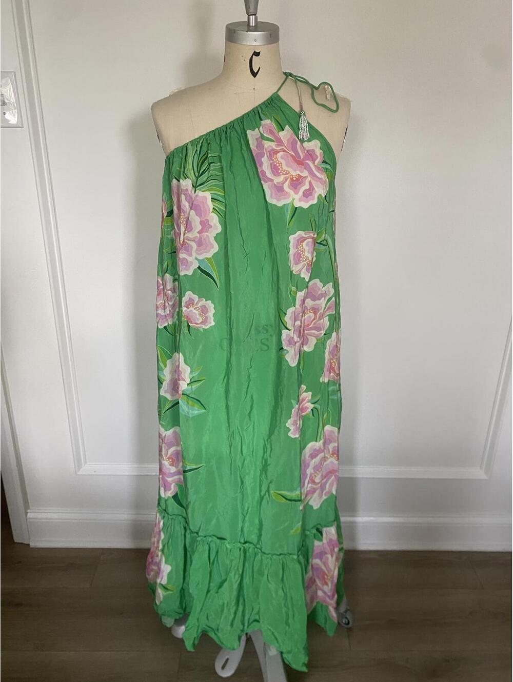 Farm Rio - Elegant Floral Satin Maxi Dress, Green & Pink, size S - Picture 5 of 11